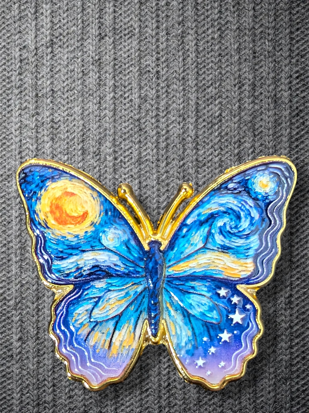Starry Night Butterfly Enamel Brooch - Gold Trim